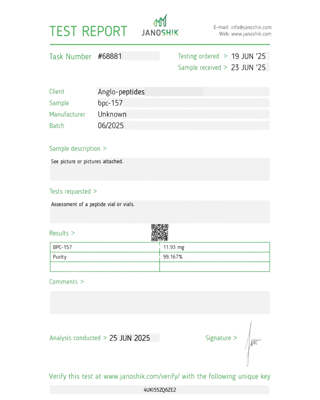 Test report for anglo-peptides BPC 10mg 