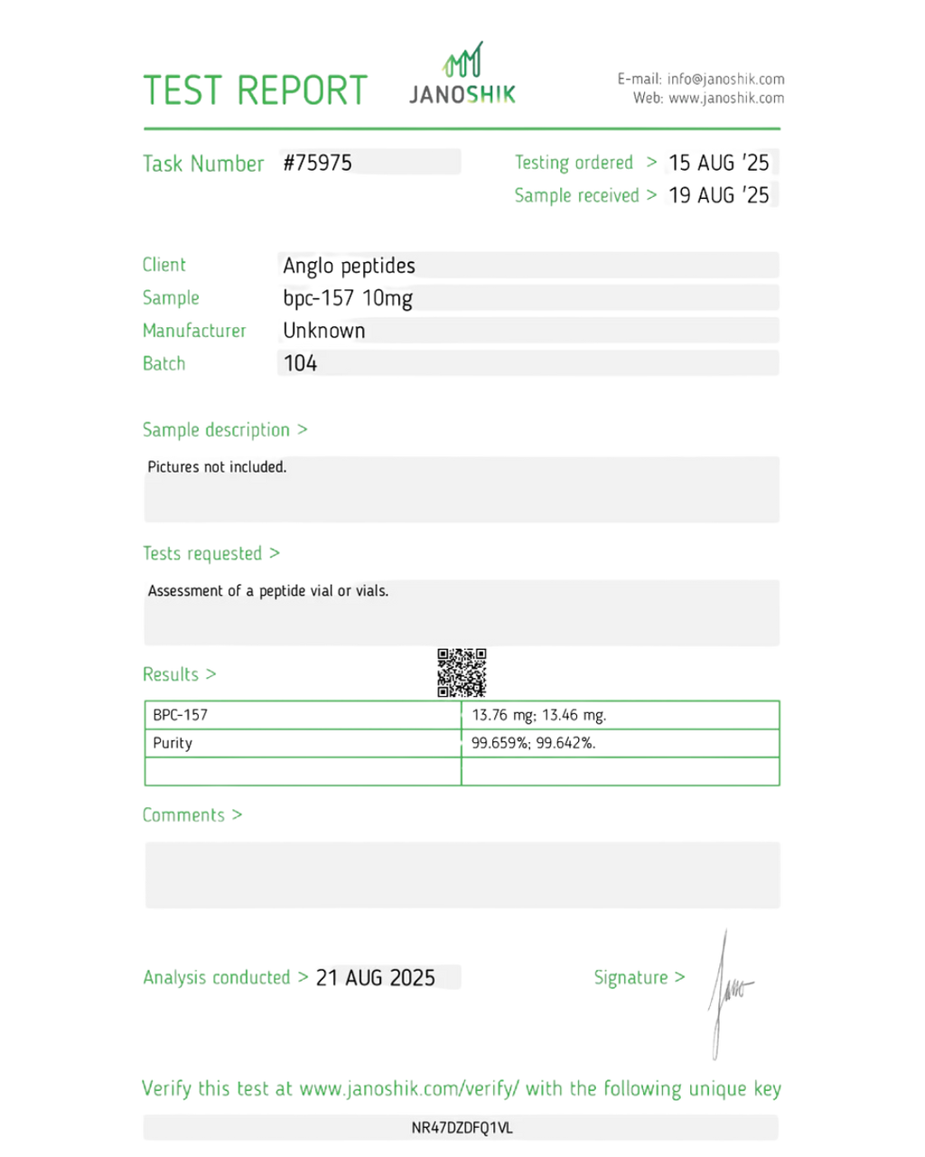 Test report for anglo peptides with client details and test results.